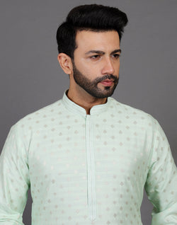 Collection of Soft Silk Pista Green All Over Silver Bootis Kurta Pyjama Set in a gallery layout