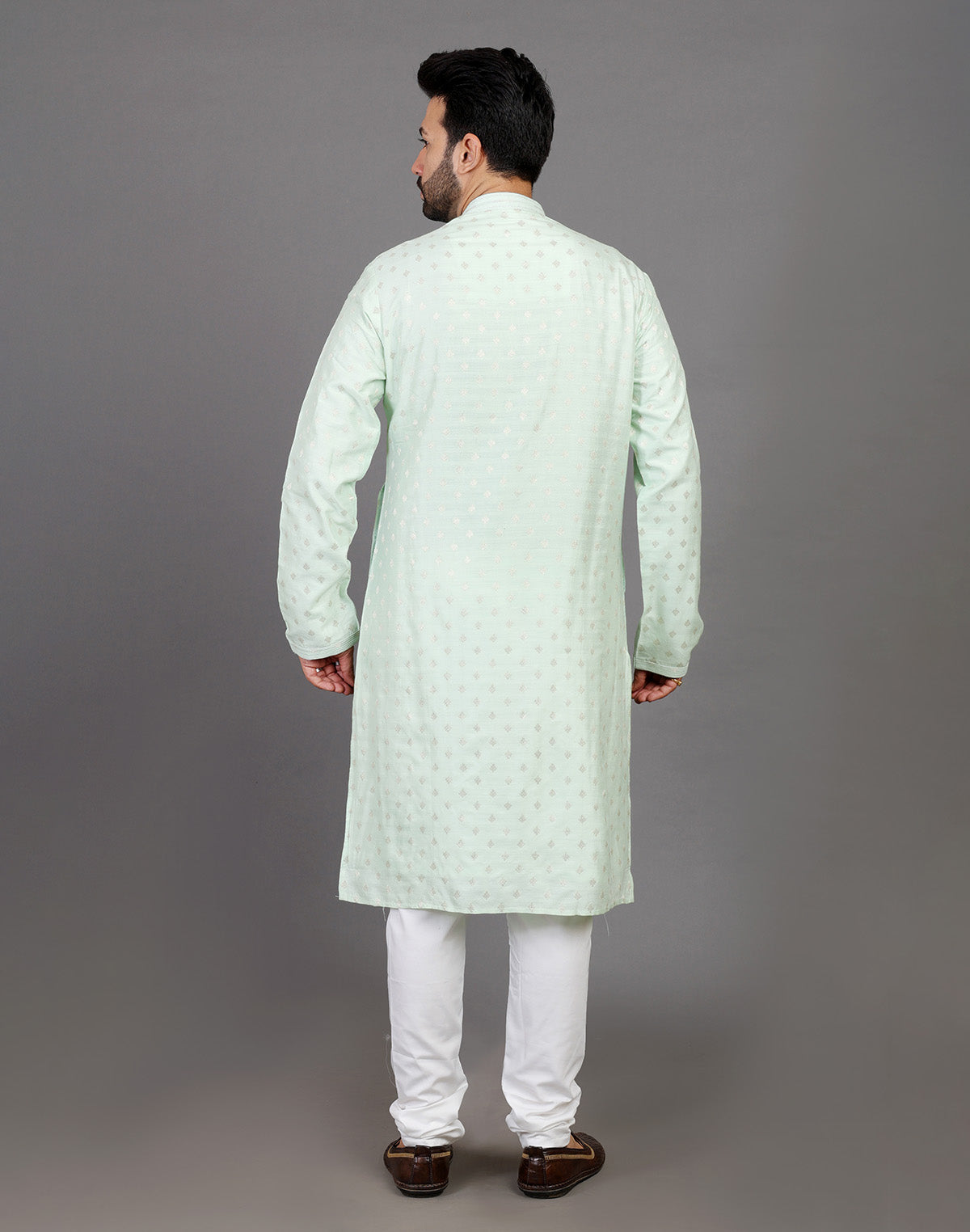 Collection of Soft Silk Pista Green All Over Silver Bootis Kurta Pyjama Set in a gallery layout