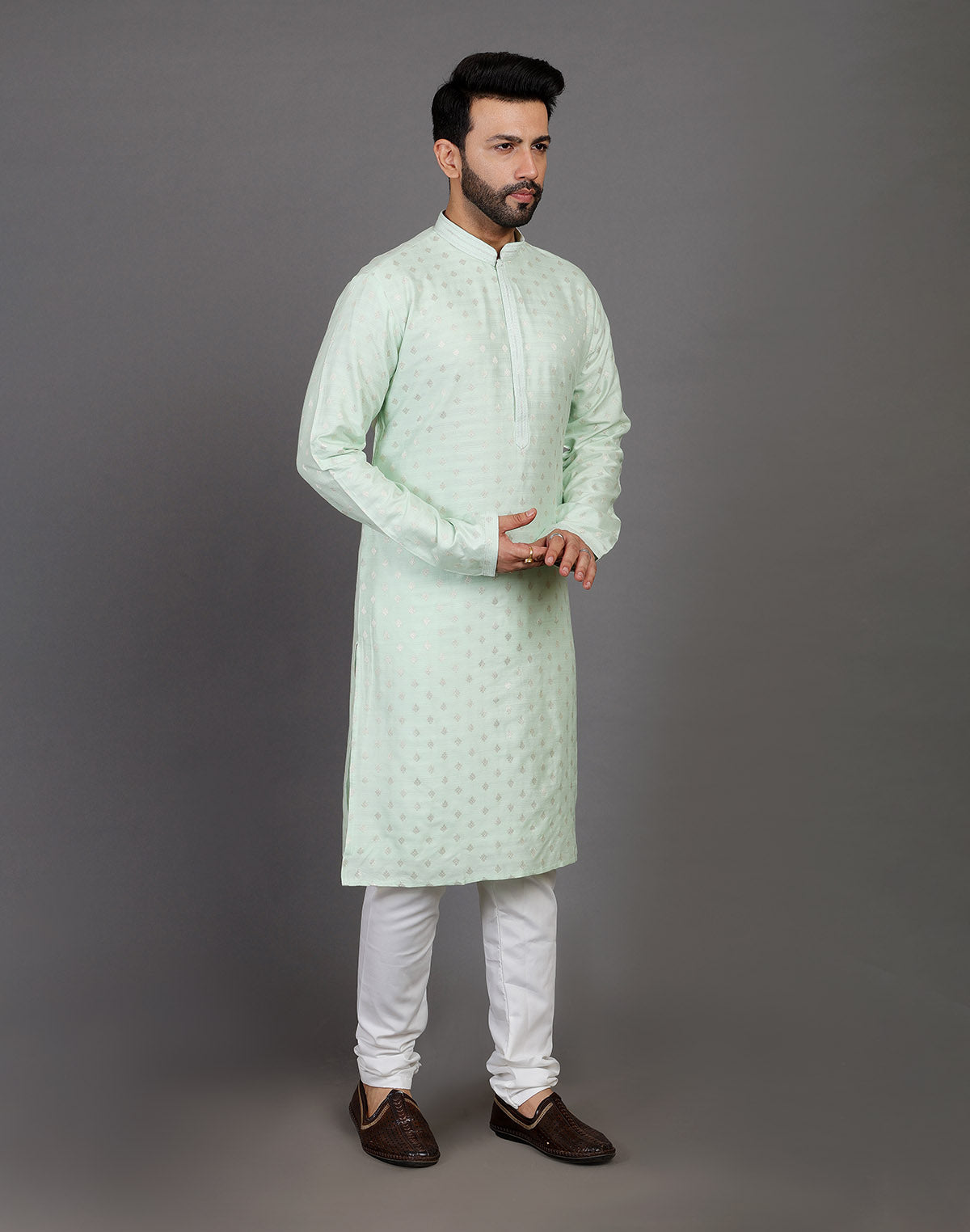 Collection of Soft Silk Pista Green All Over Silver Bootis Kurta Pyjama Set in a gallery layout