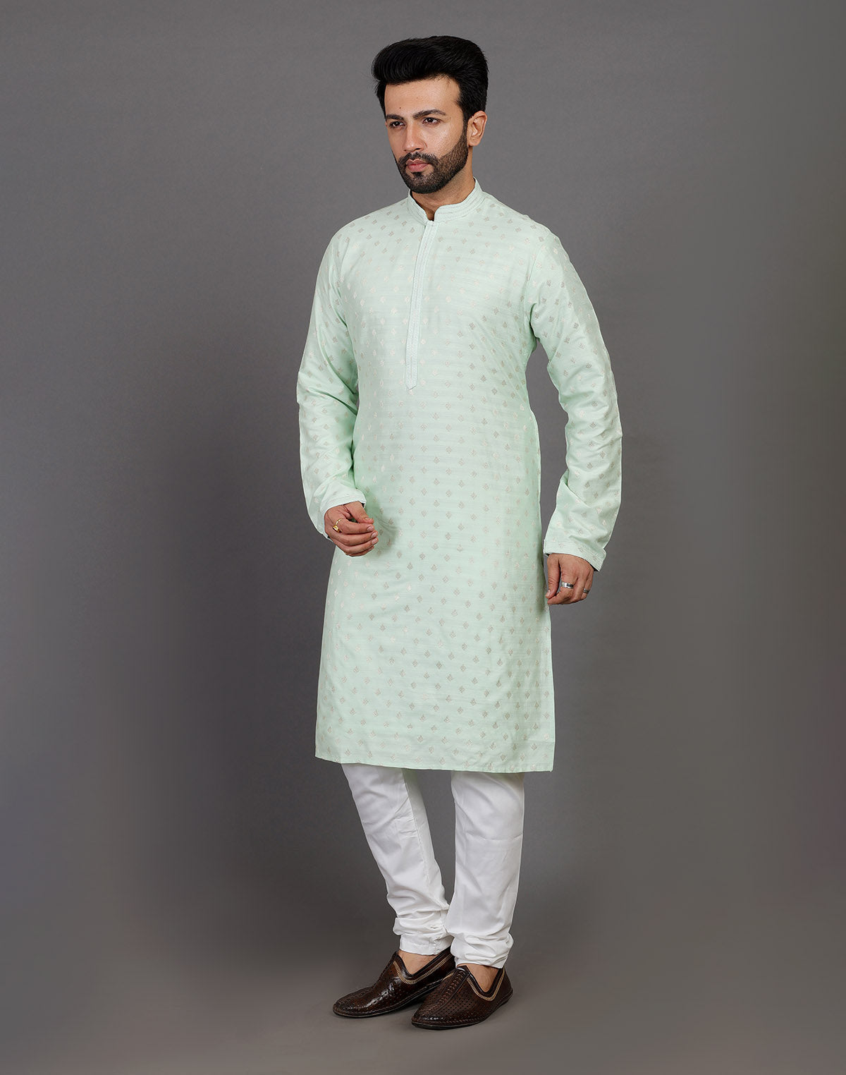 Soft Silk Pista Green All Over Silver Bootis Kurta Pyjama Set