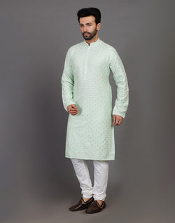 Collection of Soft Silk Pista Green All Over Silver Bootis Kurta Pyjama Set in a gallery layout