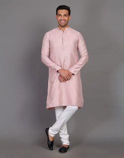 Collection of All Over Self Highlighted Thread Work Soft Silk Onion Colour Kurta Set in a gallery layout