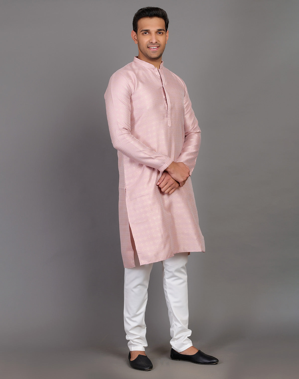 Collection of All Over Self Highlighted Thread Work Soft Silk Onion Colour Kurta Set in a gallery layout