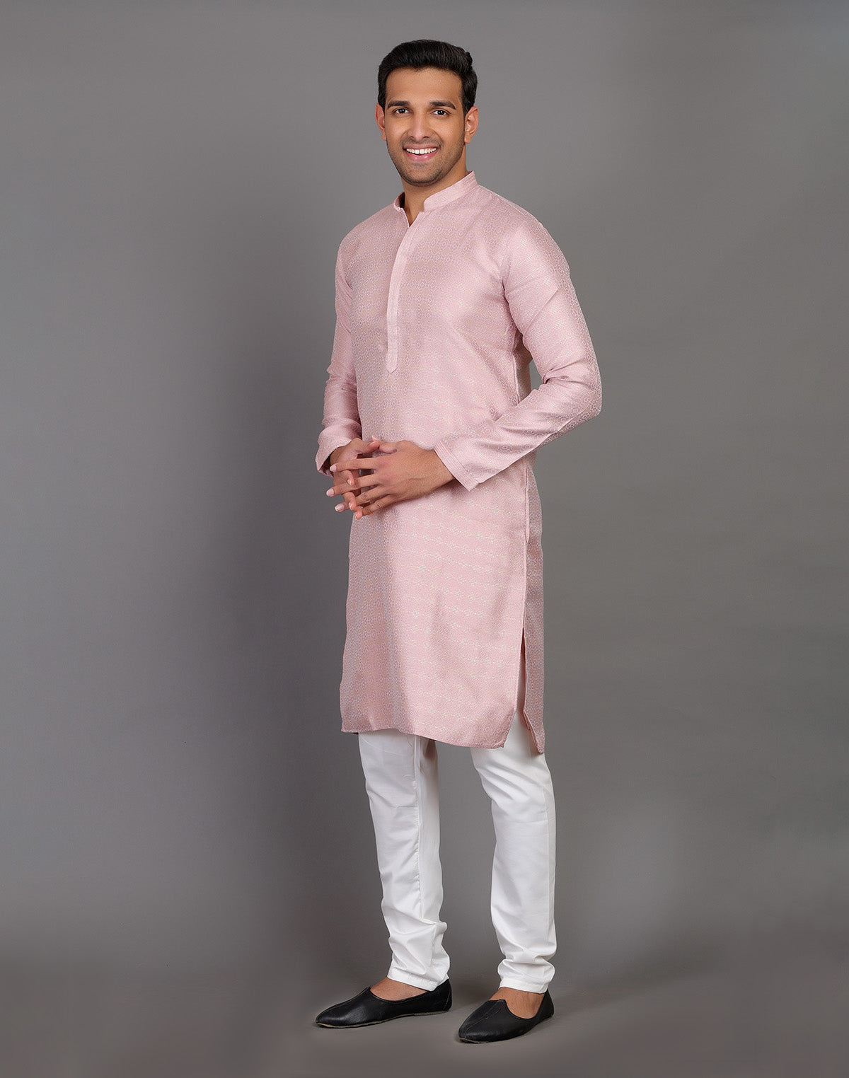 Collection of All Over Self Highlighted Thread Work Soft Silk Onion Colour Kurta Set in a gallery layout