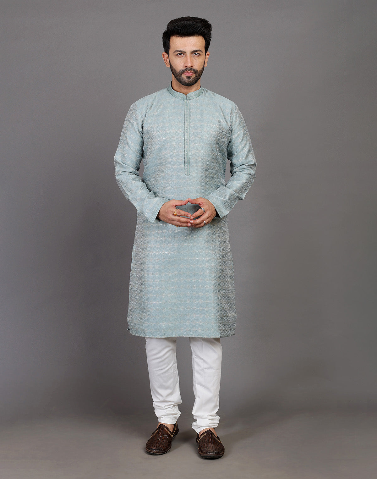 Collection of All Over Self Highlighted Thread Work Soft Silk Sea Green Kurta Set in a gallery layout