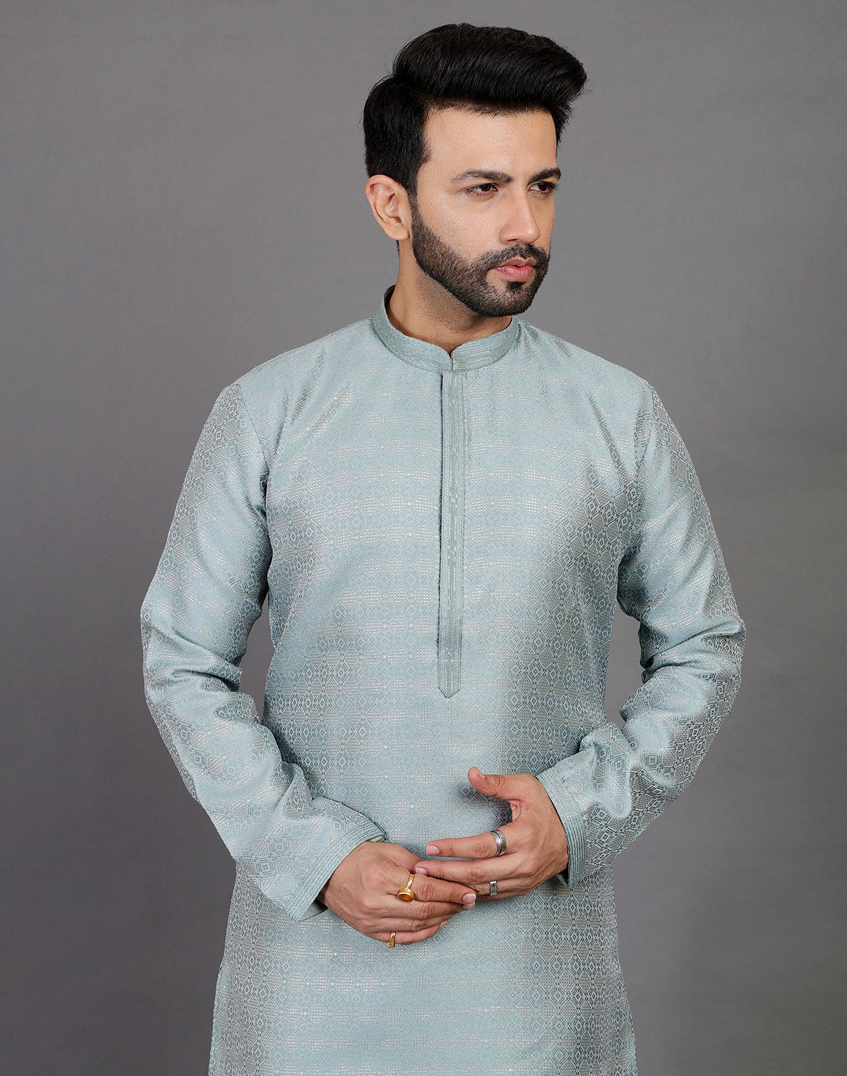 Collection of All Over Self Highlighted Thread Work Soft Silk Sea Green Kurta Set in a gallery layout