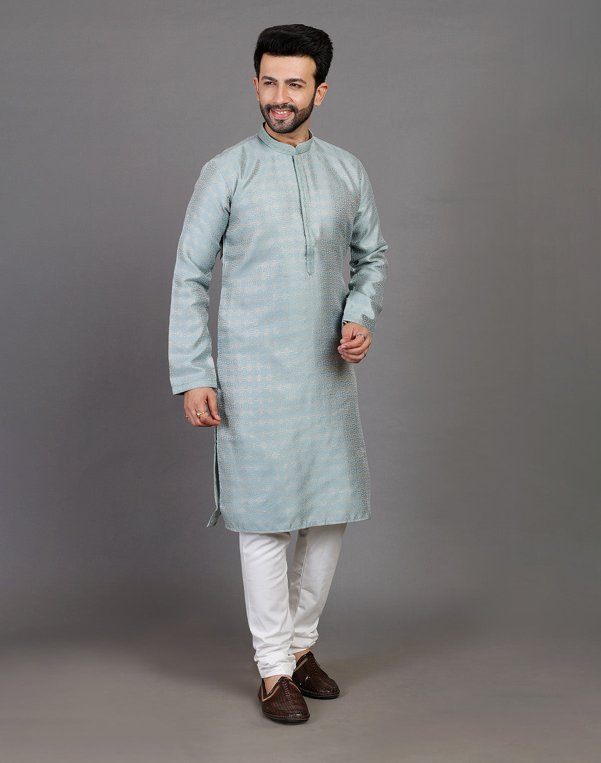 Collection of All Over Self Highlighted Thread Work Soft Silk Sea Green Kurta Set in a gallery layout