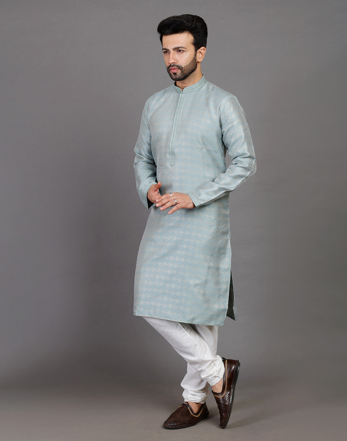 Collection of All Over Self Highlighted Thread Work Soft Silk Sea Green Kurta Set in a gallery layout