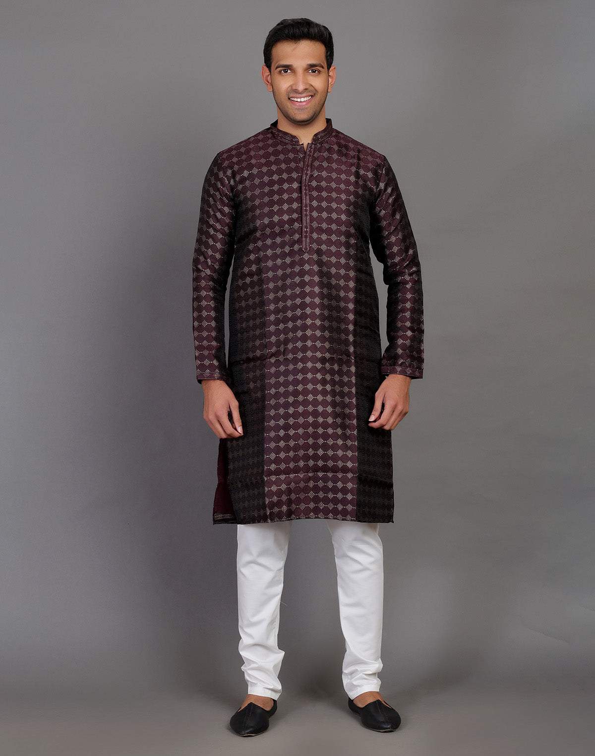 Collection of All Over Self Highlighted Thread Work Soft Silk Wine Coloured Kurta Set in a gallery layout