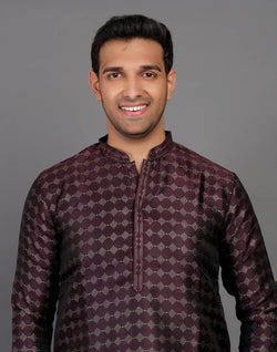 Collection of All Over Self Highlighted Thread Work Soft Silk Wine Coloured Kurta Set in a gallery layout