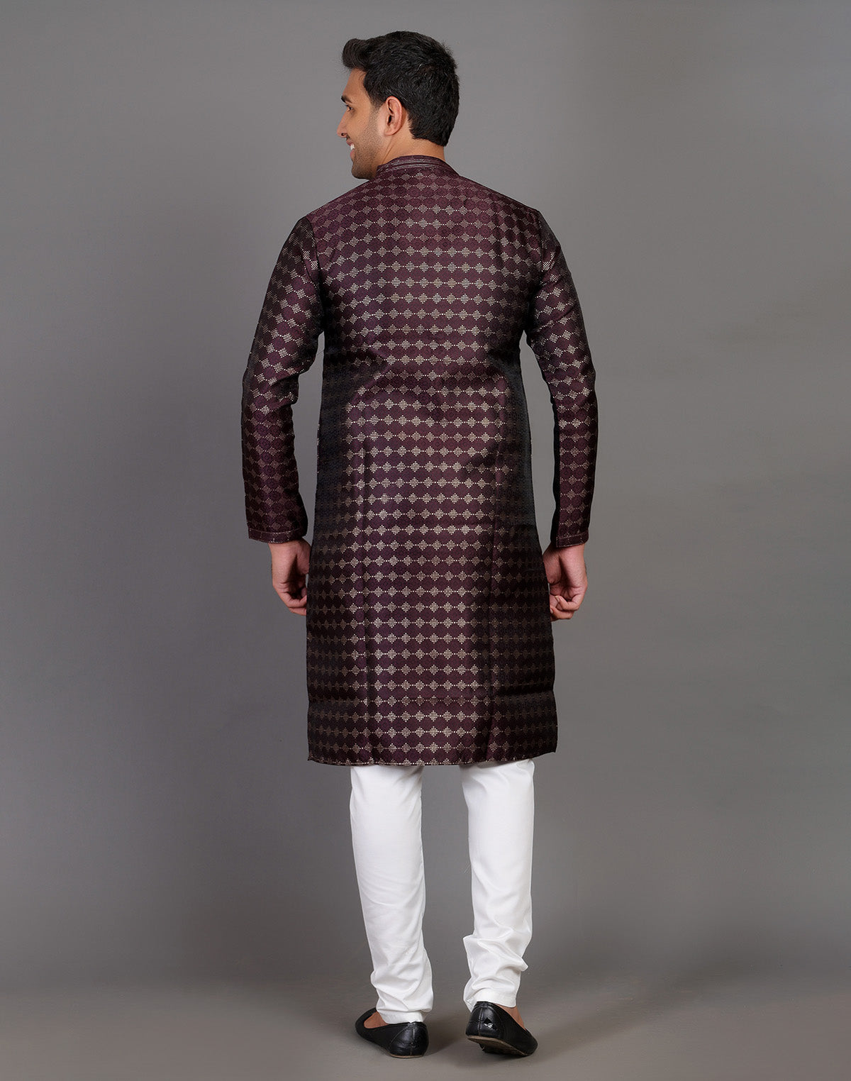 Collection of All Over Self Highlighted Thread Work Soft Silk Wine Coloured Kurta Set in a gallery layout