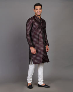 Collection of All Over Self Highlighted Thread Work Soft Silk Wine Coloured Kurta Set in a gallery layout