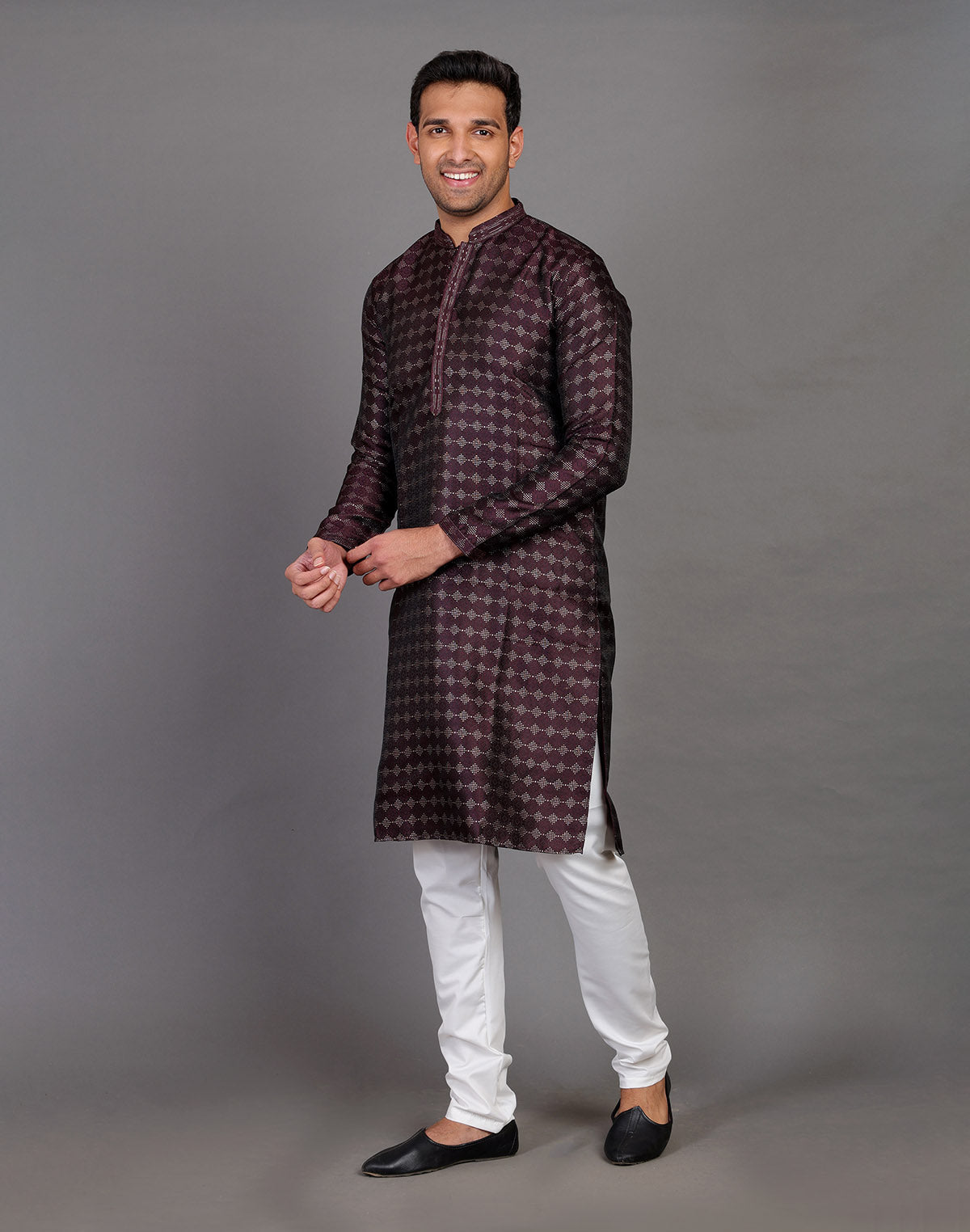 All Over Self Highlighted Thread Work Soft Silk Wine Coloured Kurta Set