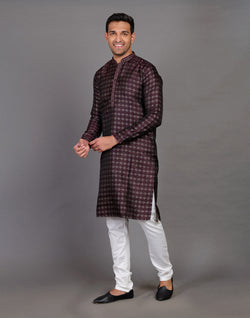 Collection of All Over Self Highlighted Thread Work Soft Silk Wine Coloured Kurta Set in a gallery layout