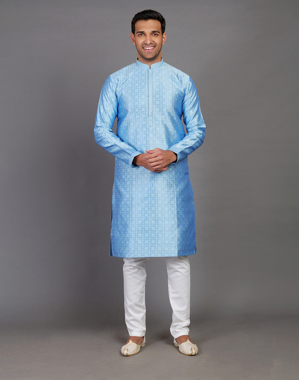 Collection of Blue Self Floral Design Soft Silk Kurta Pajama Set in a gallery layout