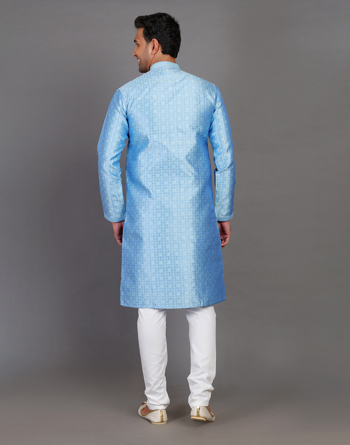 Collection of Blue Self Floral Design Soft Silk Kurta Pajama Set in a gallery layout