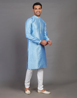 Collection of Blue Self Floral Design Soft Silk Kurta Pajama Set in a gallery layout