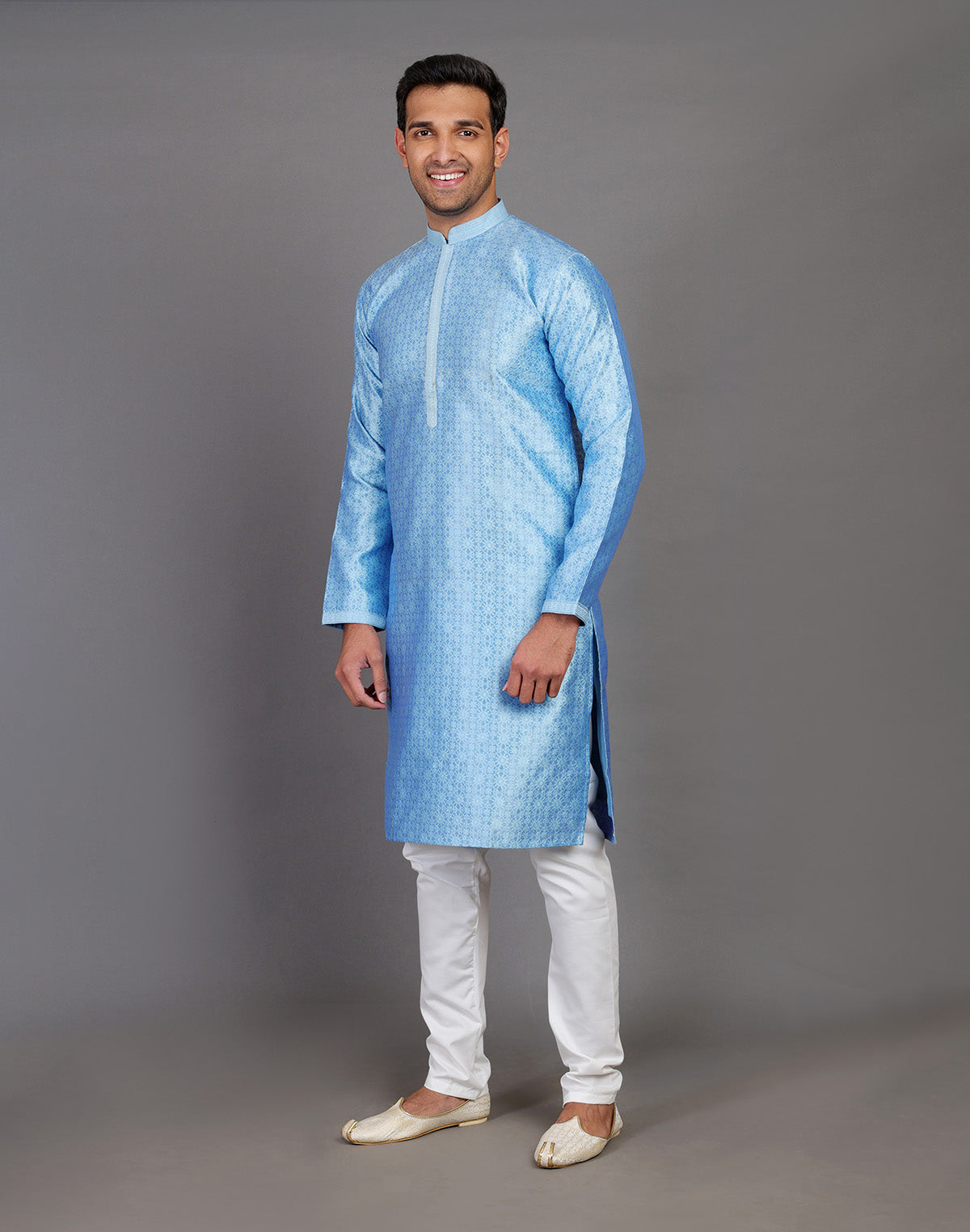 Collection of Blue Self Floral Design Soft Silk Kurta Pajama Set in a gallery layout