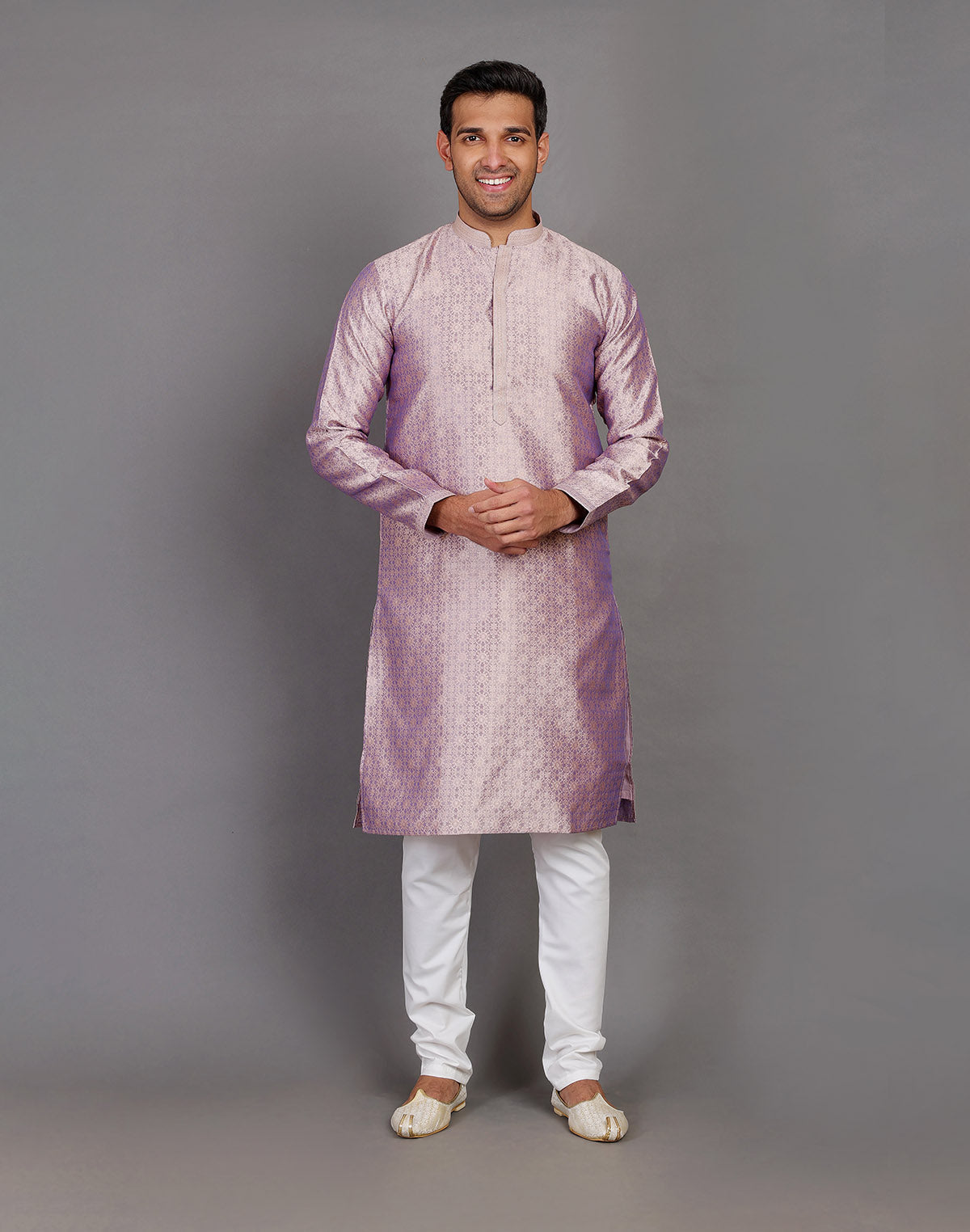 Self Floral Design Onion Coloured Soft Silk Kurta Pajama Set