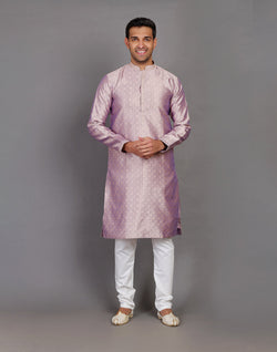 Collection of Self Floral Design Onion Coloured Soft Silk Kurta Pajama Set in a gallery layout