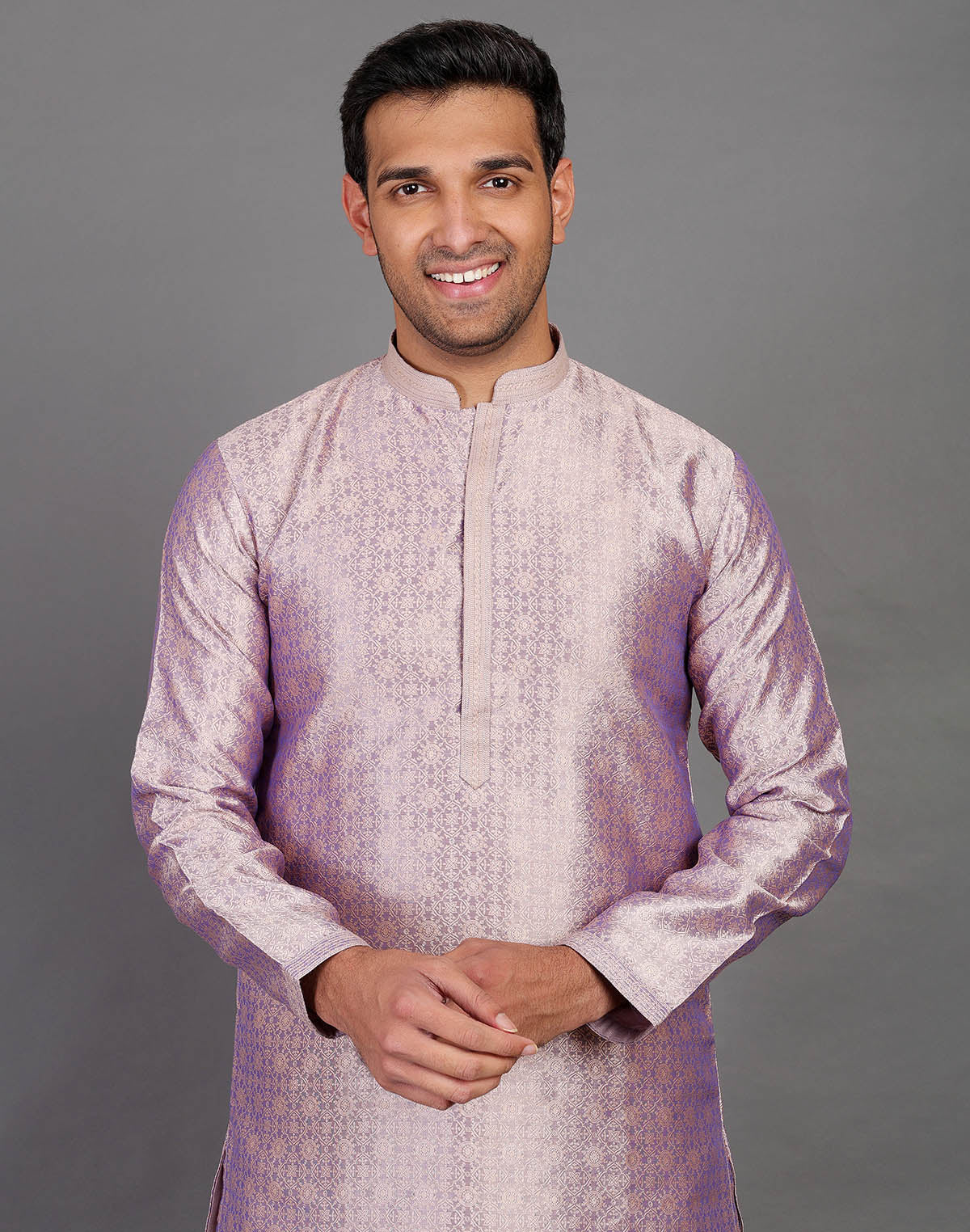 Collection of Self Floral Design Onion Coloured Soft Silk Kurta Pajama Set in a gallery layout