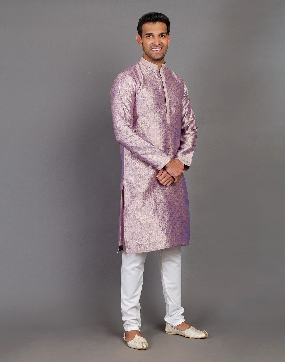 Self Floral Design Onion Coloured Soft Silk Kurta Pajama Set