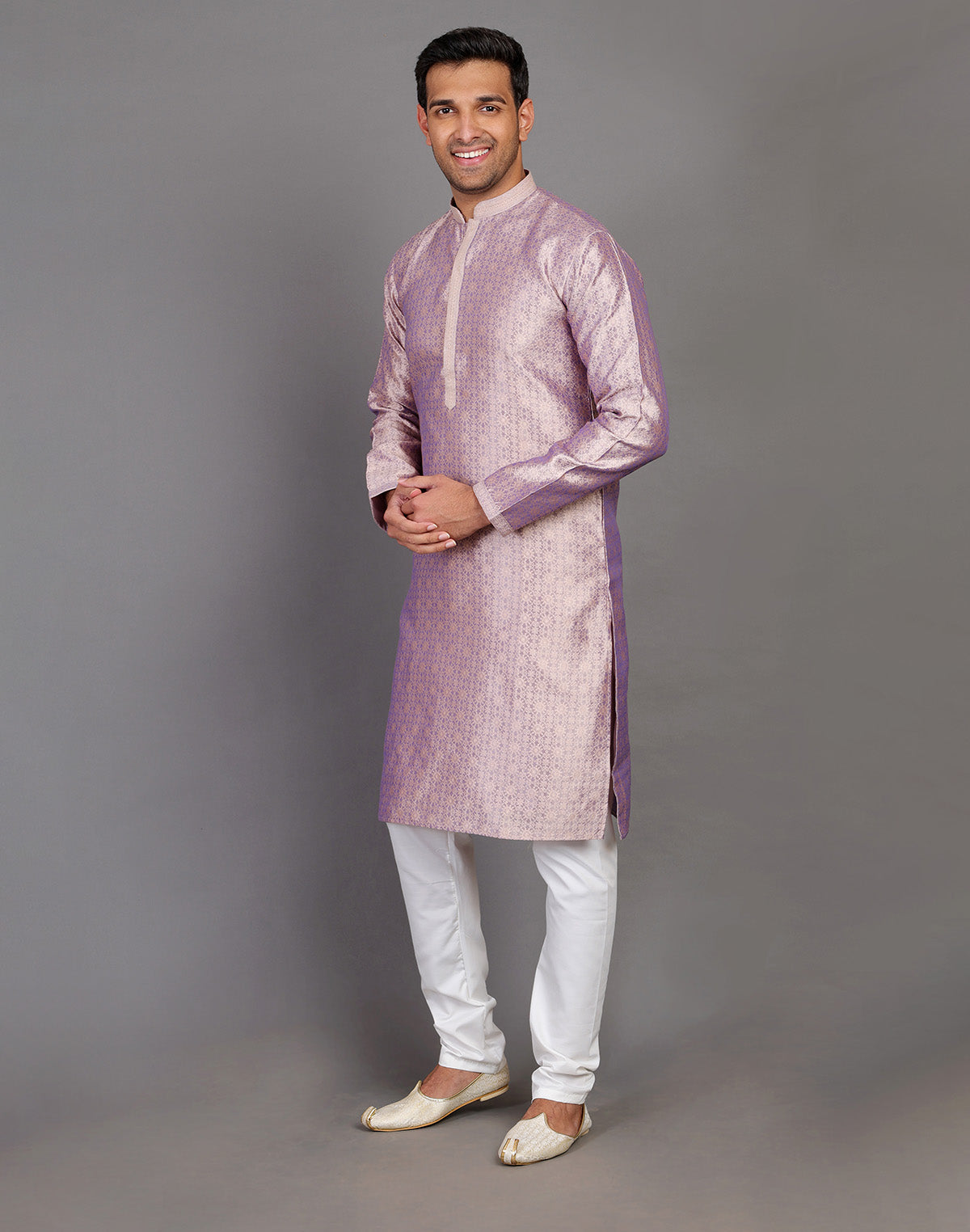 Collection of Self Floral Design Onion Coloured Soft Silk Kurta Pajama Set in a gallery layout