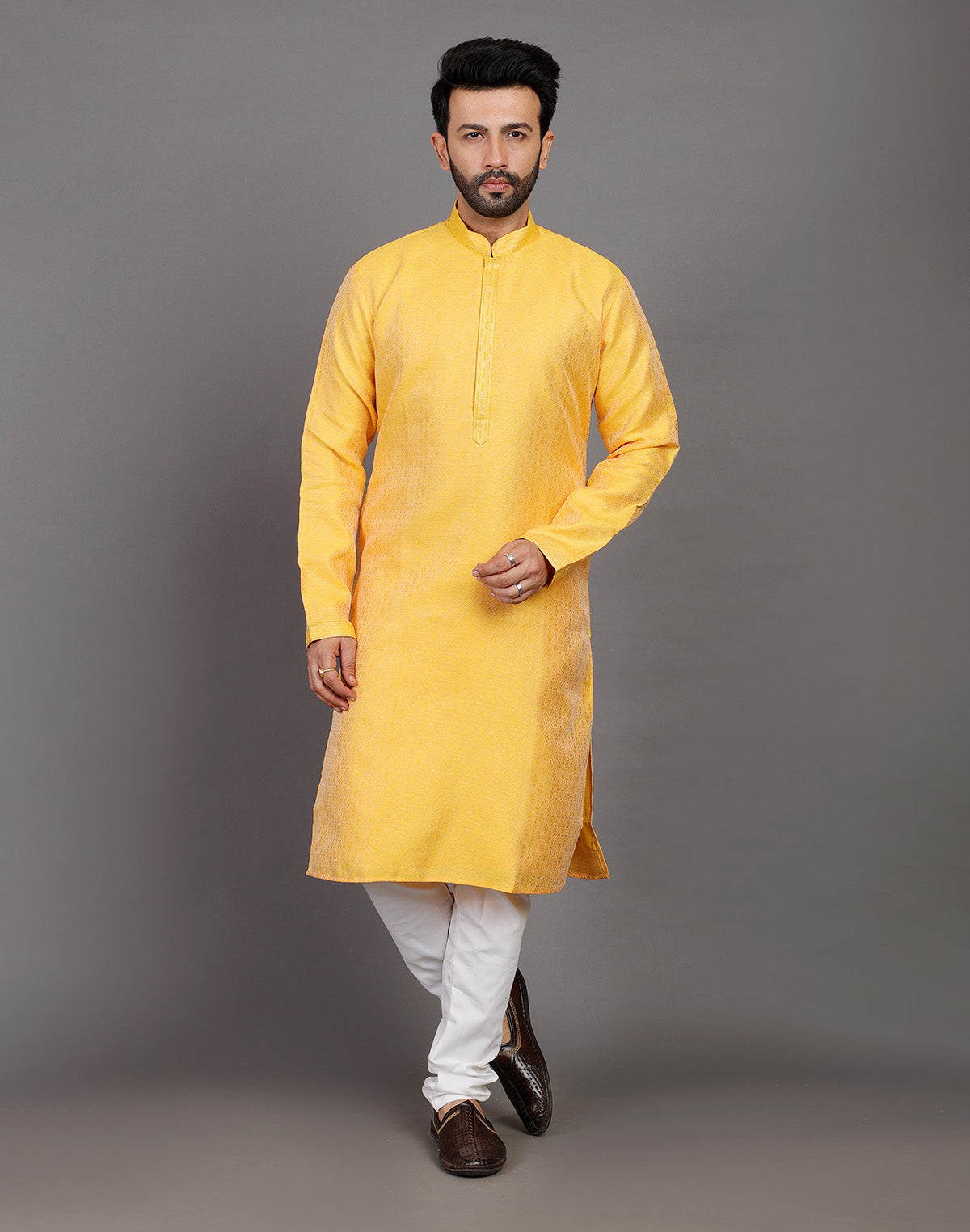 Self Design Thread With Stones Work Yellow Soft Silk Kurta Set