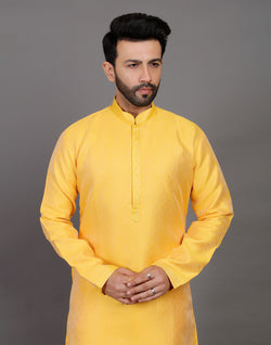 Collection of Self Design Thread With Stones Work Yellow Soft Silk Kurta Set in a gallery layout