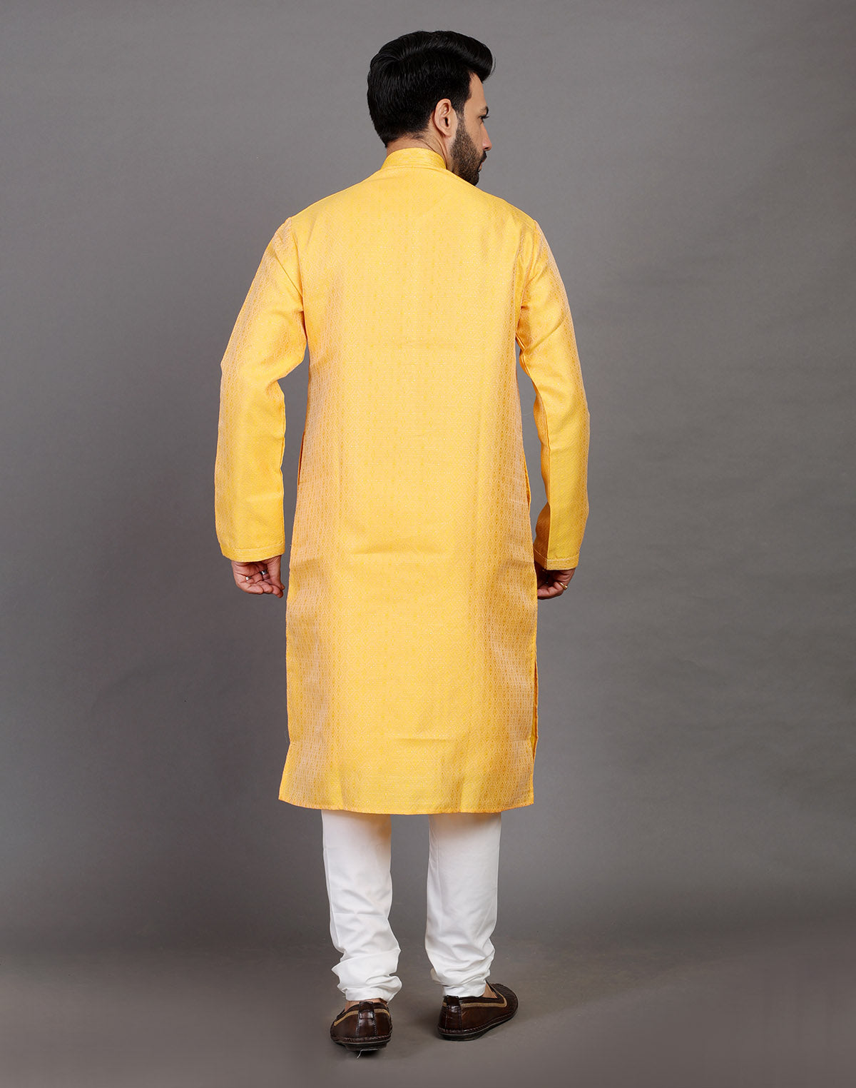 Collection of Self Design Thread With Stones Work Yellow Soft Silk Kurta Set in a gallery layout