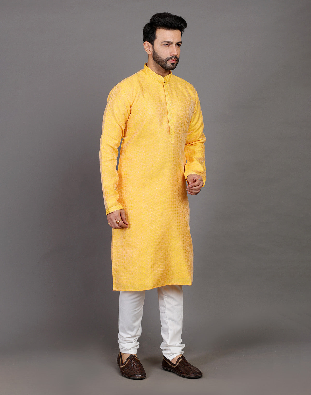 Collection of Self Design Thread With Stones Work Yellow Soft Silk Kurta Set in a gallery layout