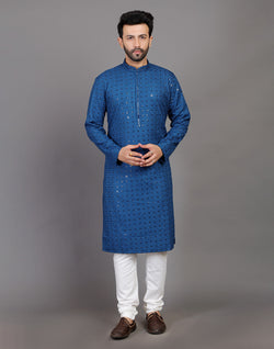 Collection of Peacock Blue Thread and Sequence Design Georgette Kurta Pyjama Set in a gallery layout