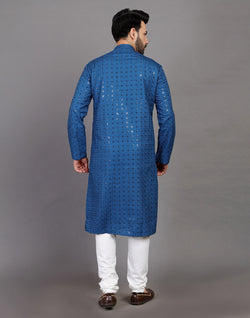 Collection of Peacock Blue Thread and Sequence Design Georgette Kurta Pyjama Set in a gallery layout