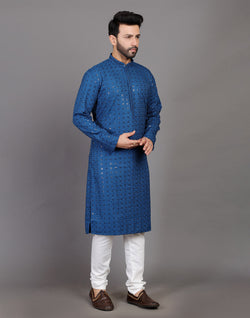 Collection of Peacock Blue Thread and Sequence Design Georgette Kurta Pyjama Set in a gallery layout