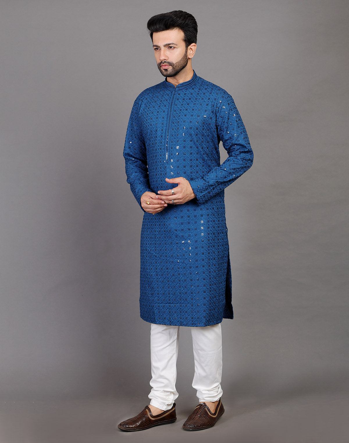 Peacock Blue Thread and Sequence Design Georgette Kurta Pyjama Set