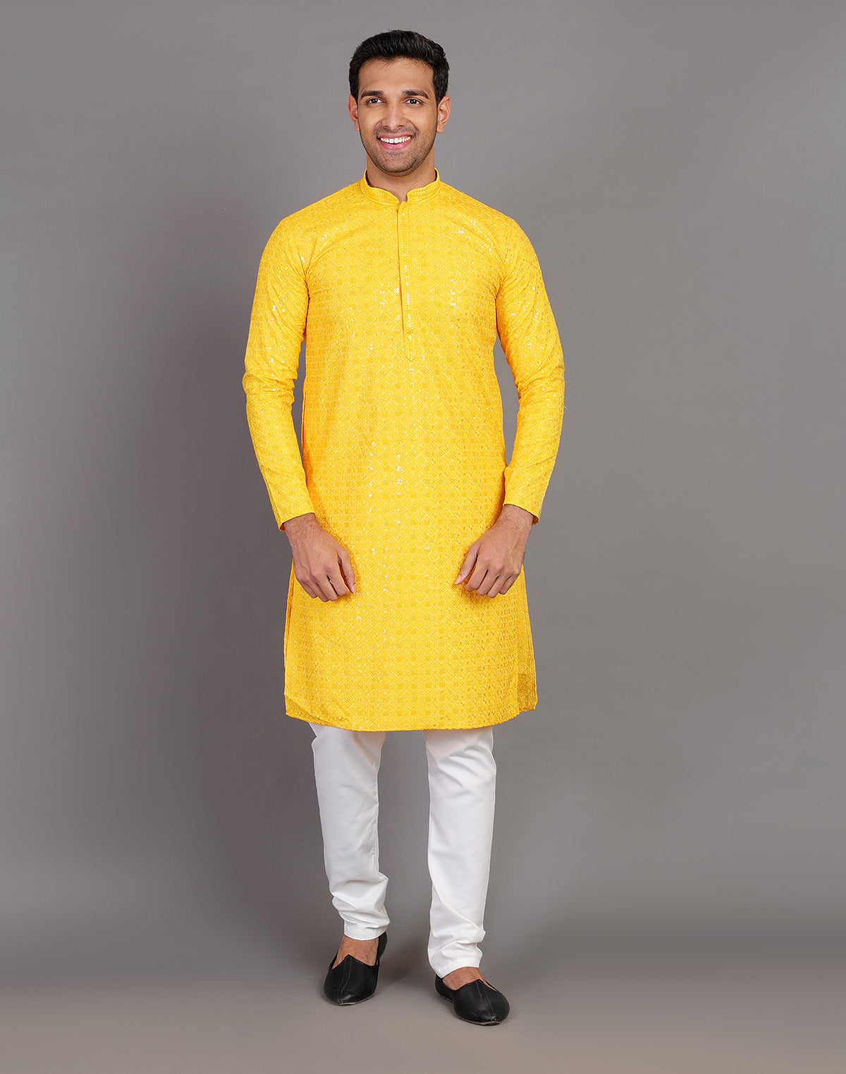 Collection of Self Thread and Sequence Design Yellow Georgette Kurta Pyjama Set in a gallery layout