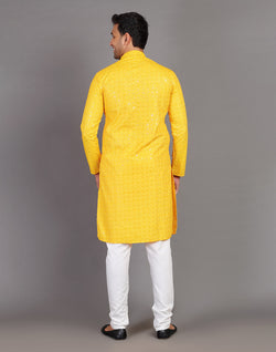 Collection of Self Thread and Sequence Design Yellow Georgette Kurta Pyjama Set in a gallery layout