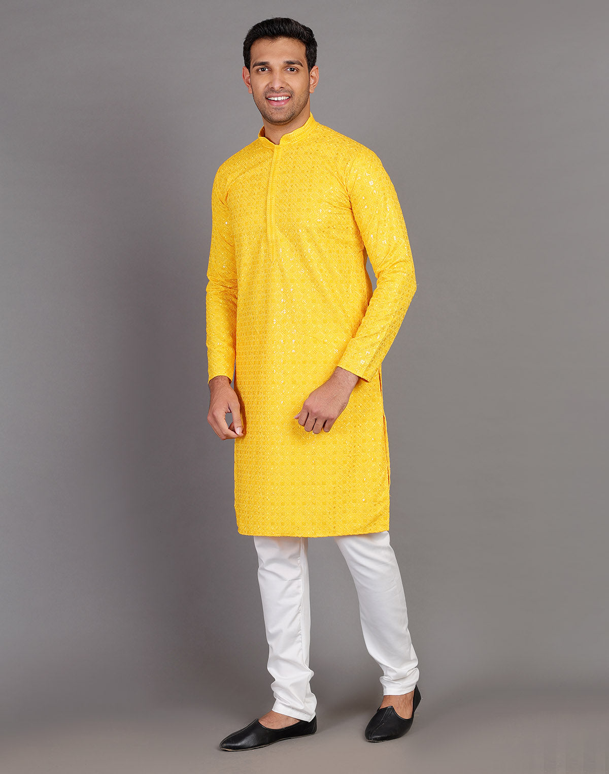 Collection of Self Thread and Sequence Design Yellow Georgette Kurta Pyjama Set in a gallery layout