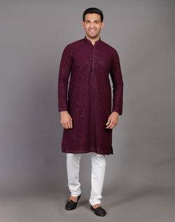 Collection of All Over Self Highlighted Sequence Work Wine Colored Kurta Pajama in a gallery layout