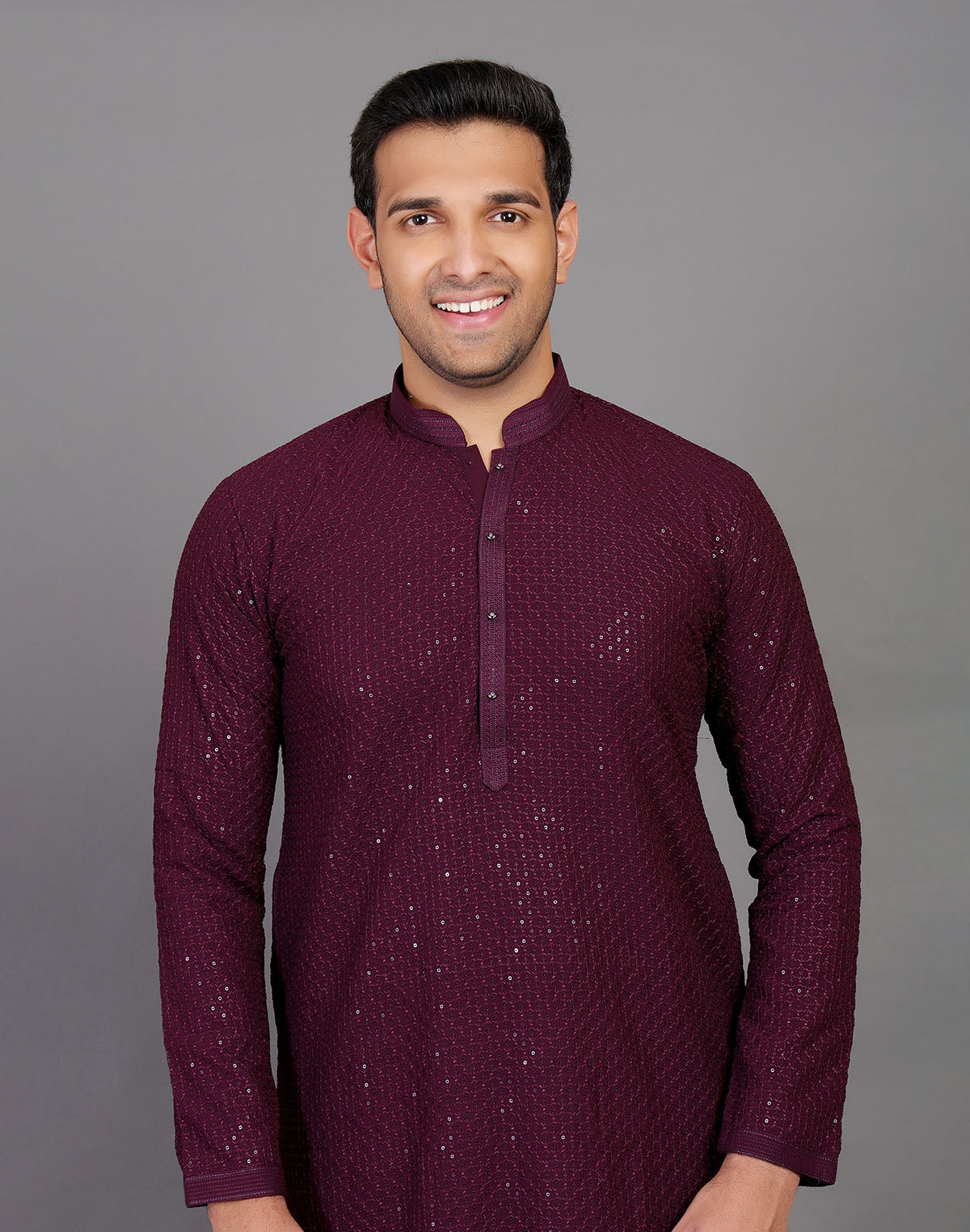 Collection of All Over Self Highlighted Sequence Work Wine Colored Kurta Pajama in a gallery layout