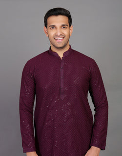 Collection of All Over Self Highlighted Sequence Work Wine Colored Kurta Pajama in a gallery layout