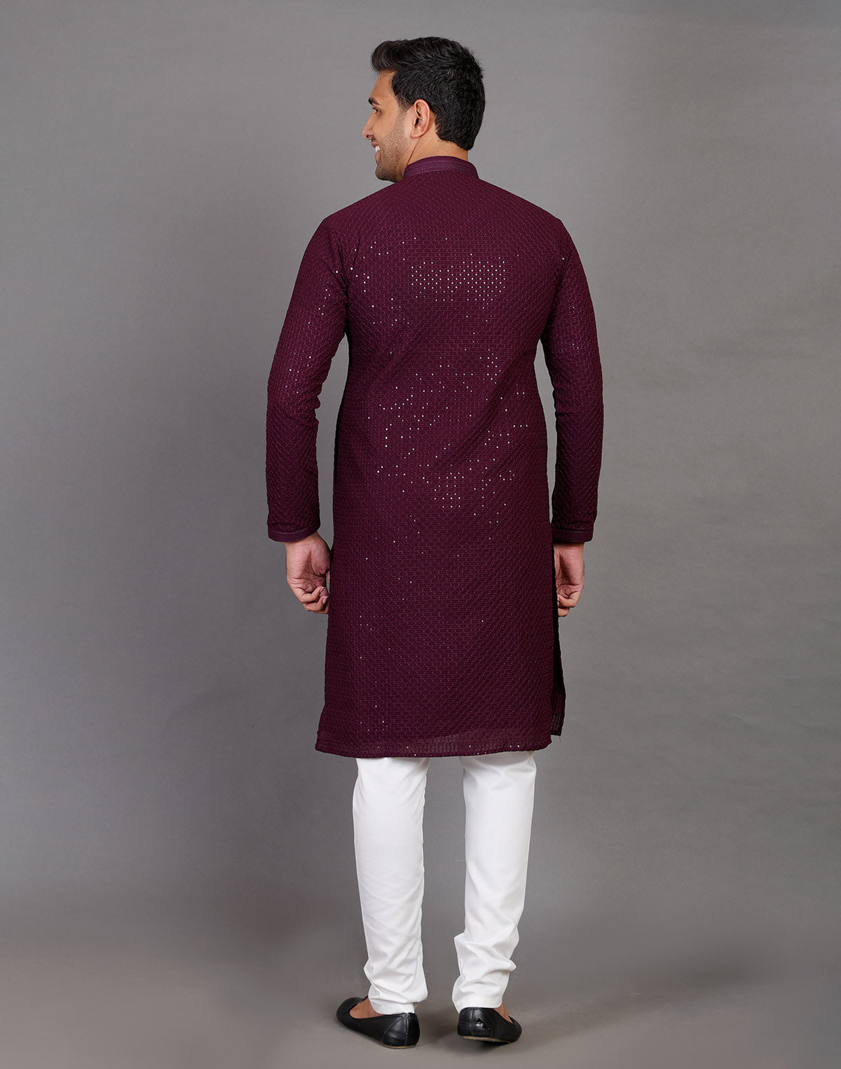 Collection of All Over Self Highlighted Sequence Work Wine Colored Kurta Pajama in a gallery layout