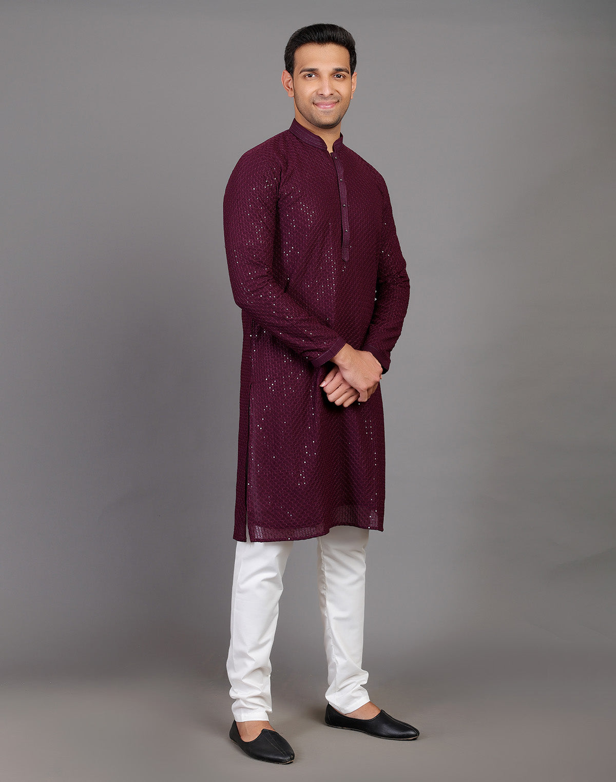 Collection of All Over Self Highlighted Sequence Work Wine Colored Kurta Pajama in a gallery layout