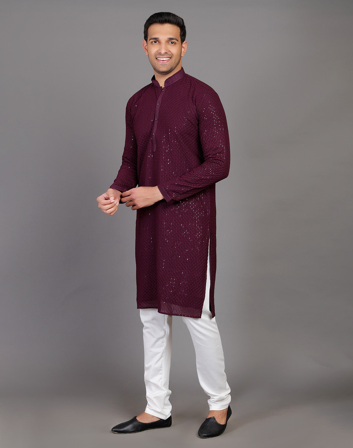 Collection of All Over Self Highlighted Sequence Work Wine Colored Kurta Pajama in a gallery layout