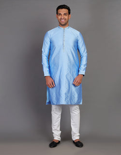 Collection of Dark Blue Self Design Stones Work Soft Silk Kurta Set in a gallery layout