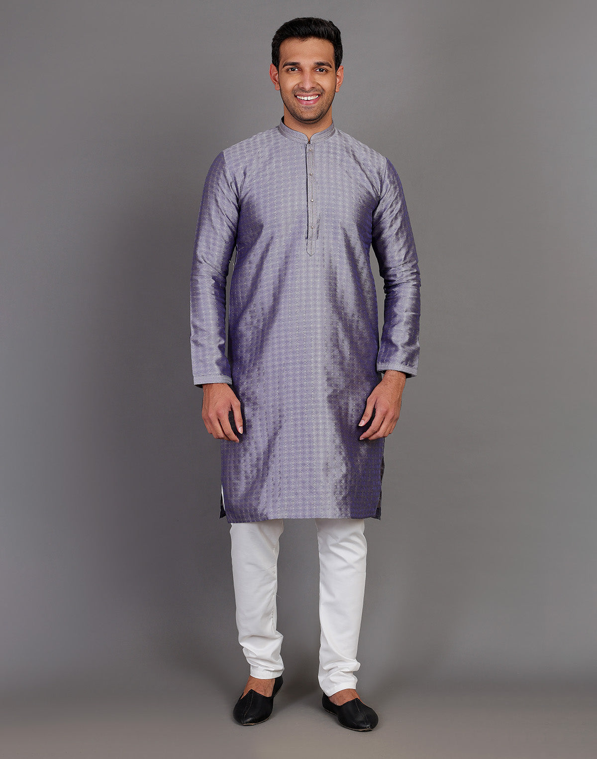 Grey Coloured Self Design Stones Work Soft Silk Kurta Set