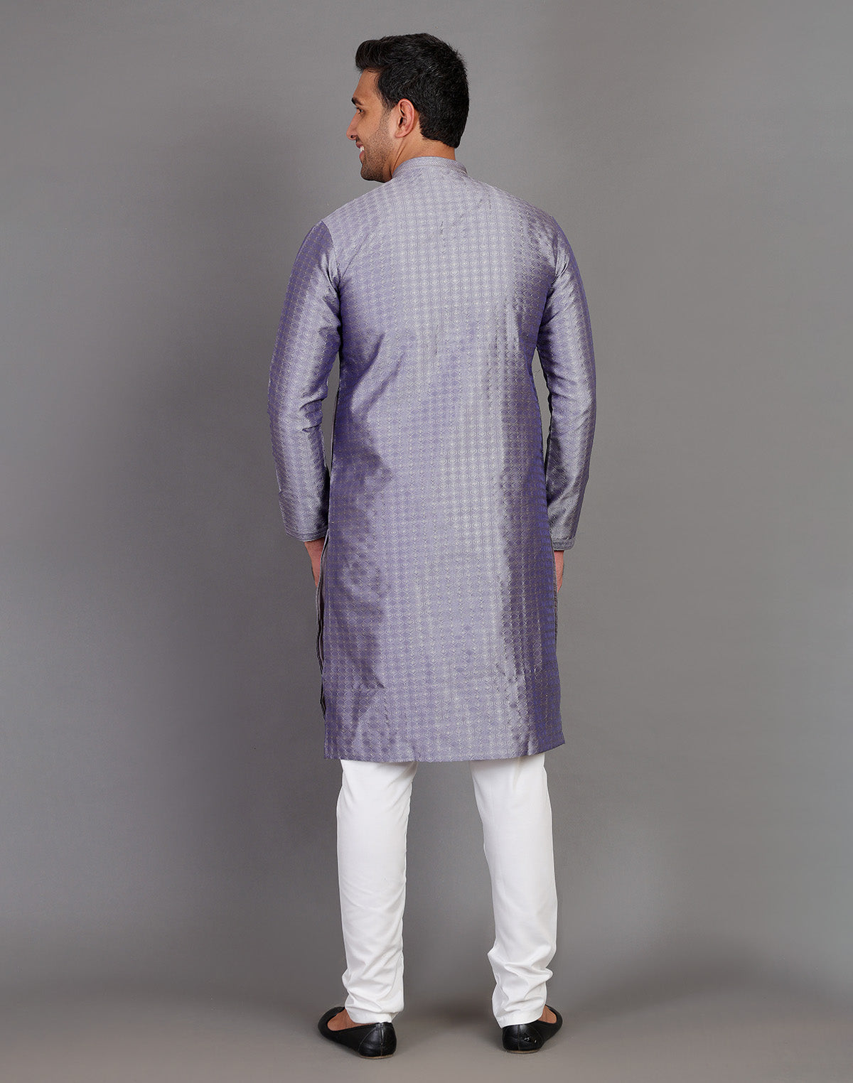 Collection of Grey Coloured Self Design Stones Work Soft Silk Kurta Set in a gallery layout