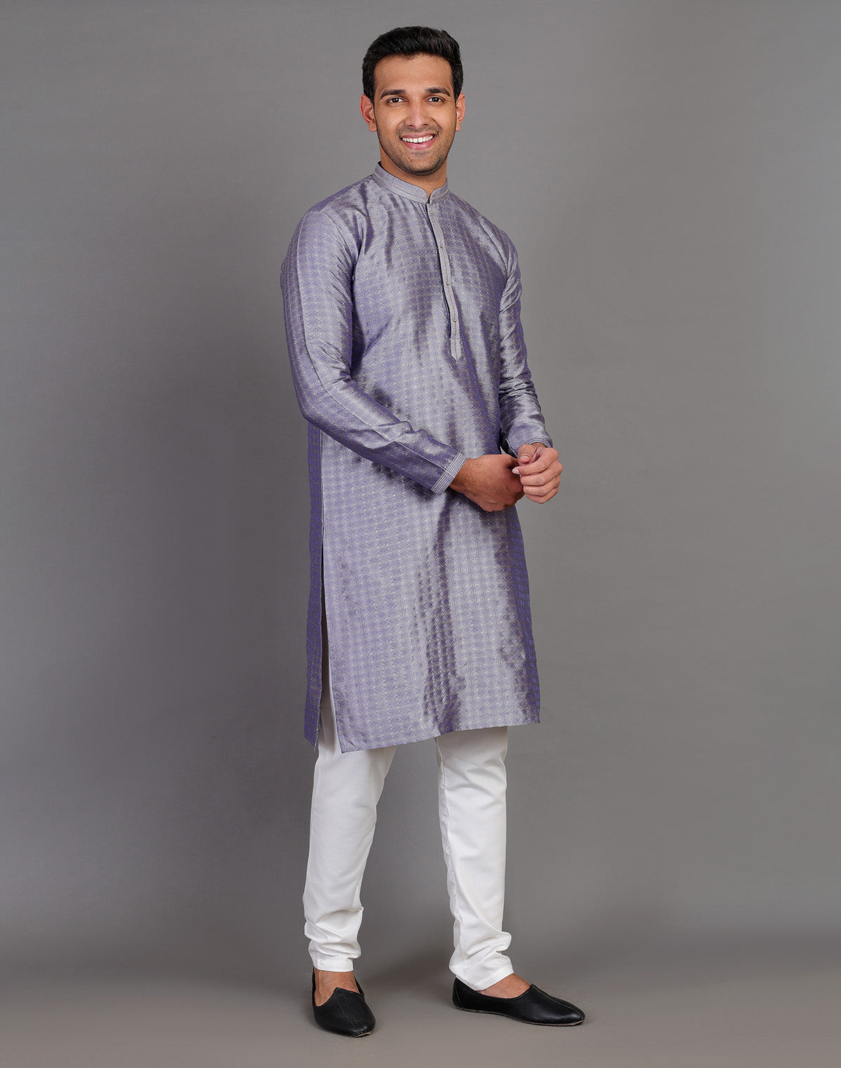 Grey Coloured Self Design Stones Work Soft Silk Kurta Set