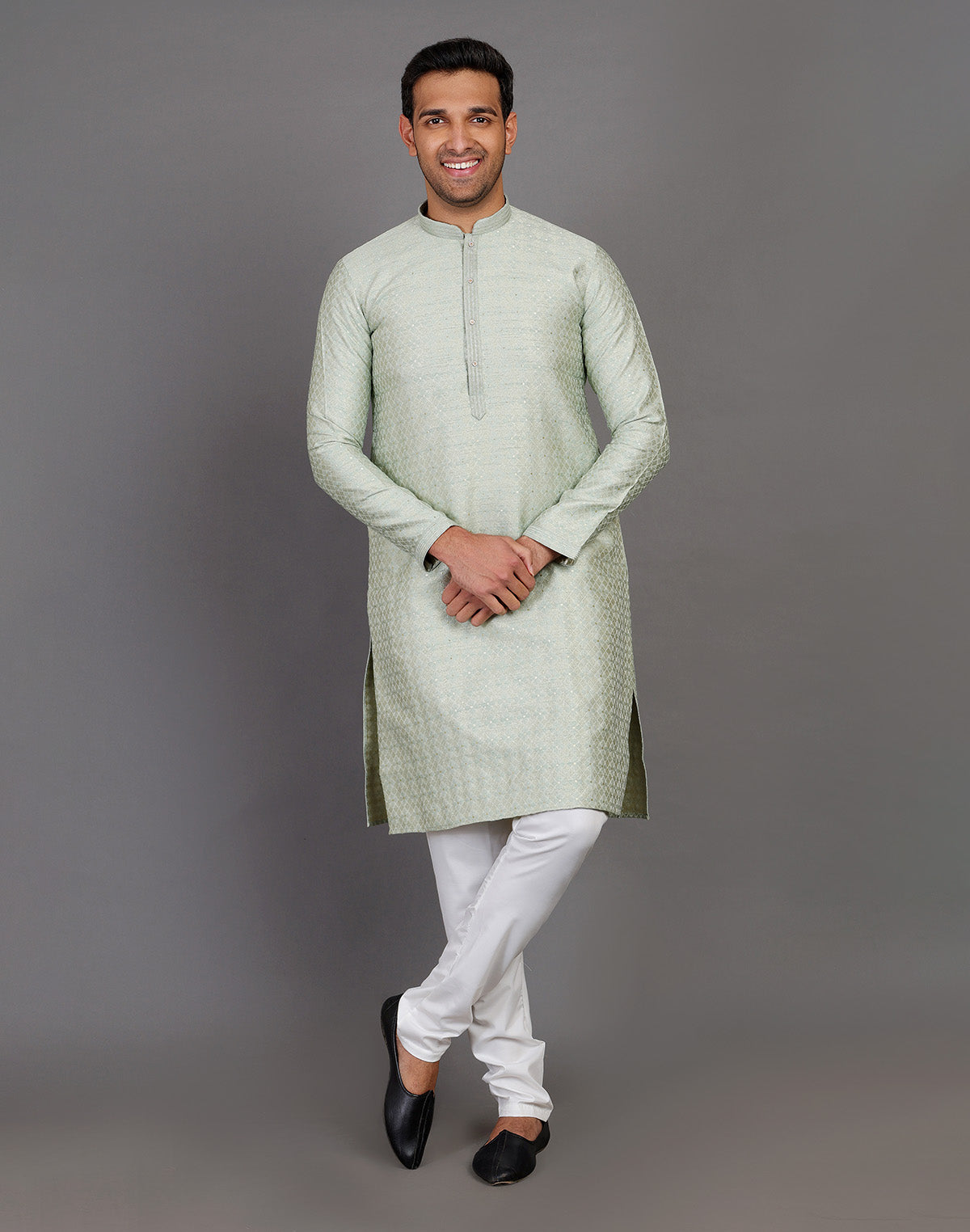 Collection of Pista Green Thread With Brocade Design Soft Silk Kurta Set in a gallery layout