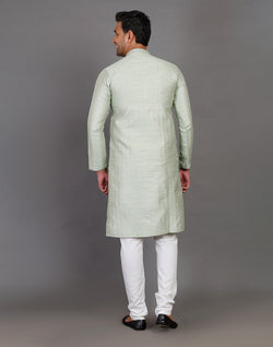 Collection of Pista Green Thread With Brocade Design Soft Silk Kurta Set in a gallery layout